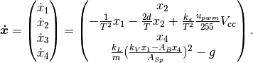\boldsymbol{\dot{x}}
=
\begin{pmatrix}
    \dot{x}_1 \\
    \dot{x}_2 \\
    \dot{x}_3 \\
    \dot{x}_4
\end{pmatrix}
=
\begin{pmatrix}
    x_2 \\
    -\frac{1}{T^2} x_1 - \frac{2 d}{T} x_2 + \frac{k_s}{T^2} \frac{u_{pwm}}{255} V_{cc} \\
    x_4 \\
    \frac{k_L}{m}(\frac{k_V x_1 - A_B x_4}{A_{Sp}})^2-g
\end{pmatrix}.
